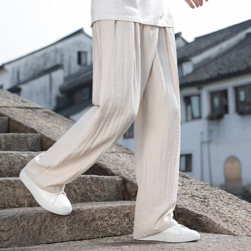 Chinese Style Men's Casual Pants with Disc Button Waist Design, New Chinese Loose Straight Leg Trousers, Summer Thin Long Pants