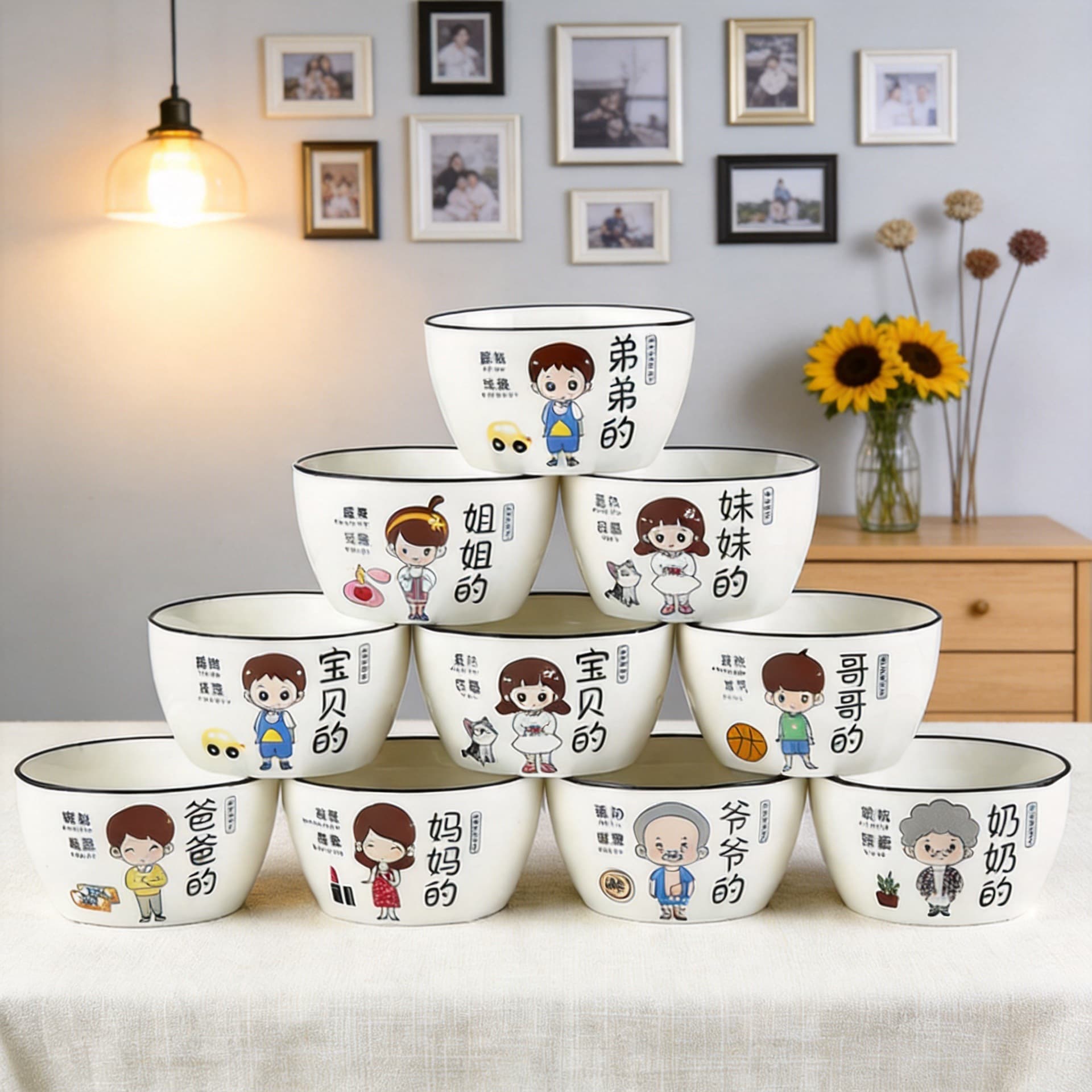Family Ceramic Parent-Child Bowl Set with Chopsticks and Spoons, Cartoon Family Character Dining Bowl, Chopstick and Spoon Tableware Set