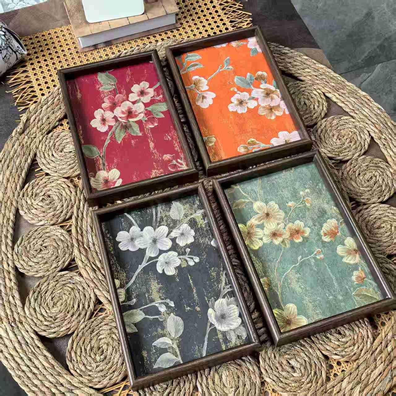 Golden Flower Blue Base Ornament Tray, Creative Storage Tray for Entryway Living Room, Jewelry, Snacks, and Home Use
