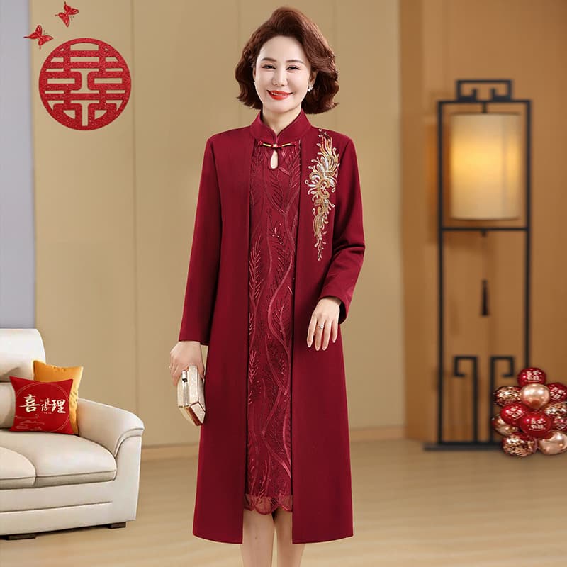 Xi Po Po Wedding Banquet Dress Red Embroidered Long-Sleeve Stand Collar Two-Piece Look Noble Dress for Middle-Aged and Elderly Mothers