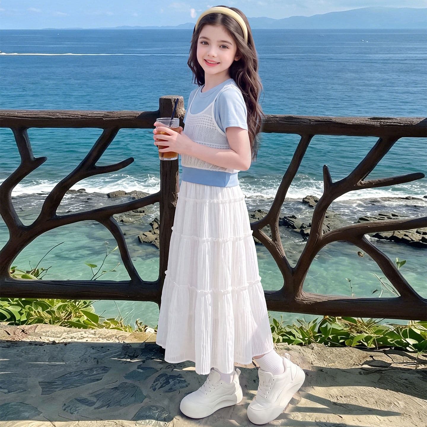 Girls White Dress Summer 2026 New Children's Style Short Sleeve Summer Fire Girls Skirt Suit