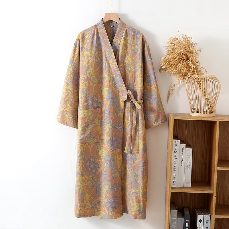 New Jacquard National Style Pure Cotton Double-Layer Gauze Robe, Mid-Length Spring and Autumn Three-Quarter Sleeve Pajamas, Loose Sweat Steam Bathrobe