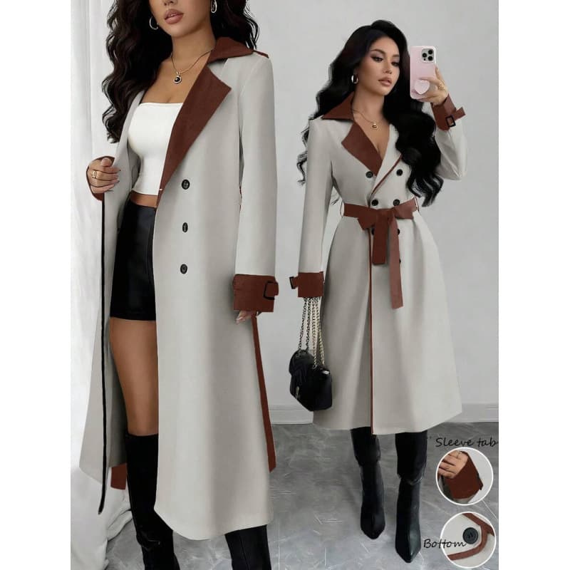 Cross-border Amazon European and American autumn and winter new double-breasted belted waist elegant long-sleeved mid-length windbreaker jacket for women