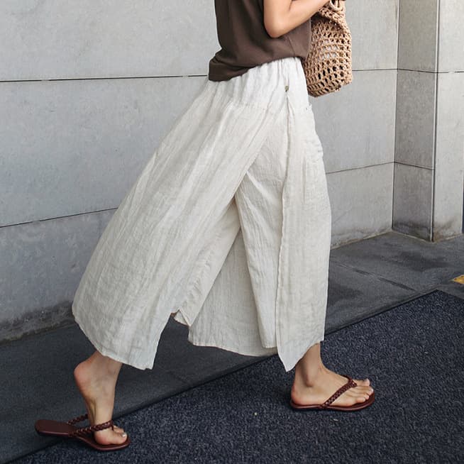 Linen large slit culottes one-piece women's summer loose slimming large size casual nine-point trousers fake two-piece wide-leg culottes