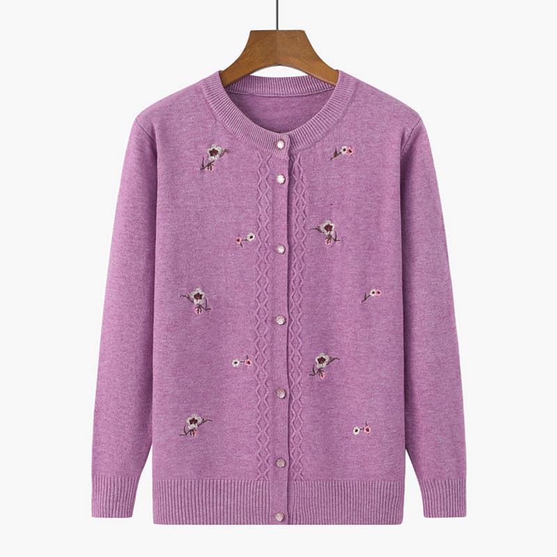 Middle-Aged Women's Round Neck Embroidered Cardigan, Elderly Women's Button Knit Top, Grandma Style Autumn New Arrival