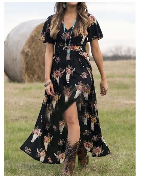 2023 Cross-border Independent Site Western Ethnic Style Short Sleeve Digital Print Casual Large Swing Women's Long Dress