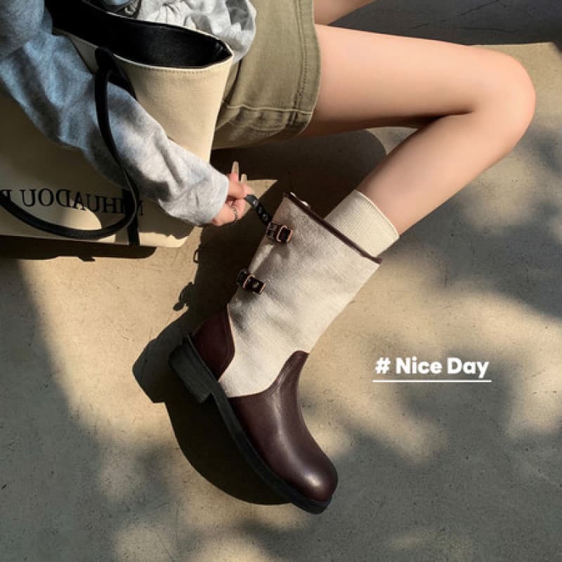 Genuine leather Western British vintage canvas brown large-tube one-legged knight square toe thick-soled mid-calf Martin boots for women