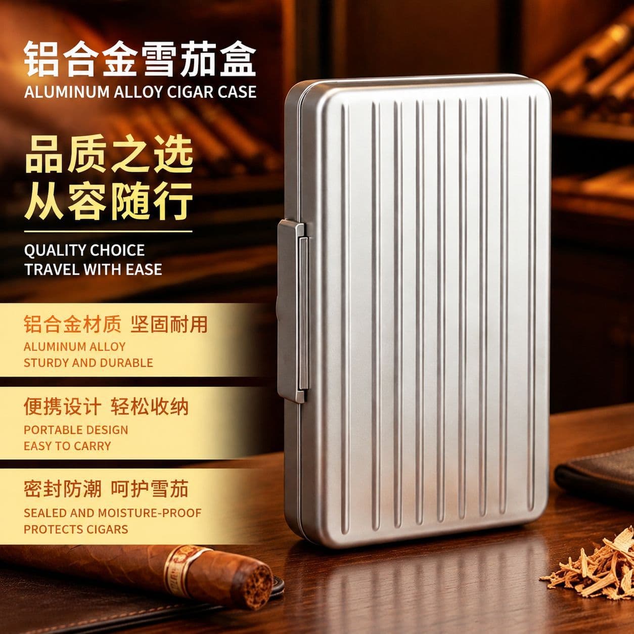 Aluminum Alloy Cigar Case 5-Count Portable Ultra-Light Ultra-Thin Humidor with Cedar Wood Lining Cigar Box Storage