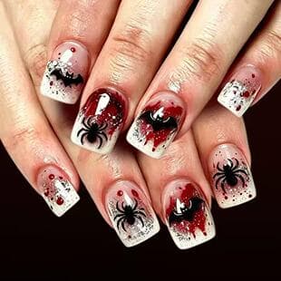 Halloween Bloody Gradient Wearable Nails Bat Spider Blood Drop Short Square Nails Blood Stain White Gradient Glitter Party Nails