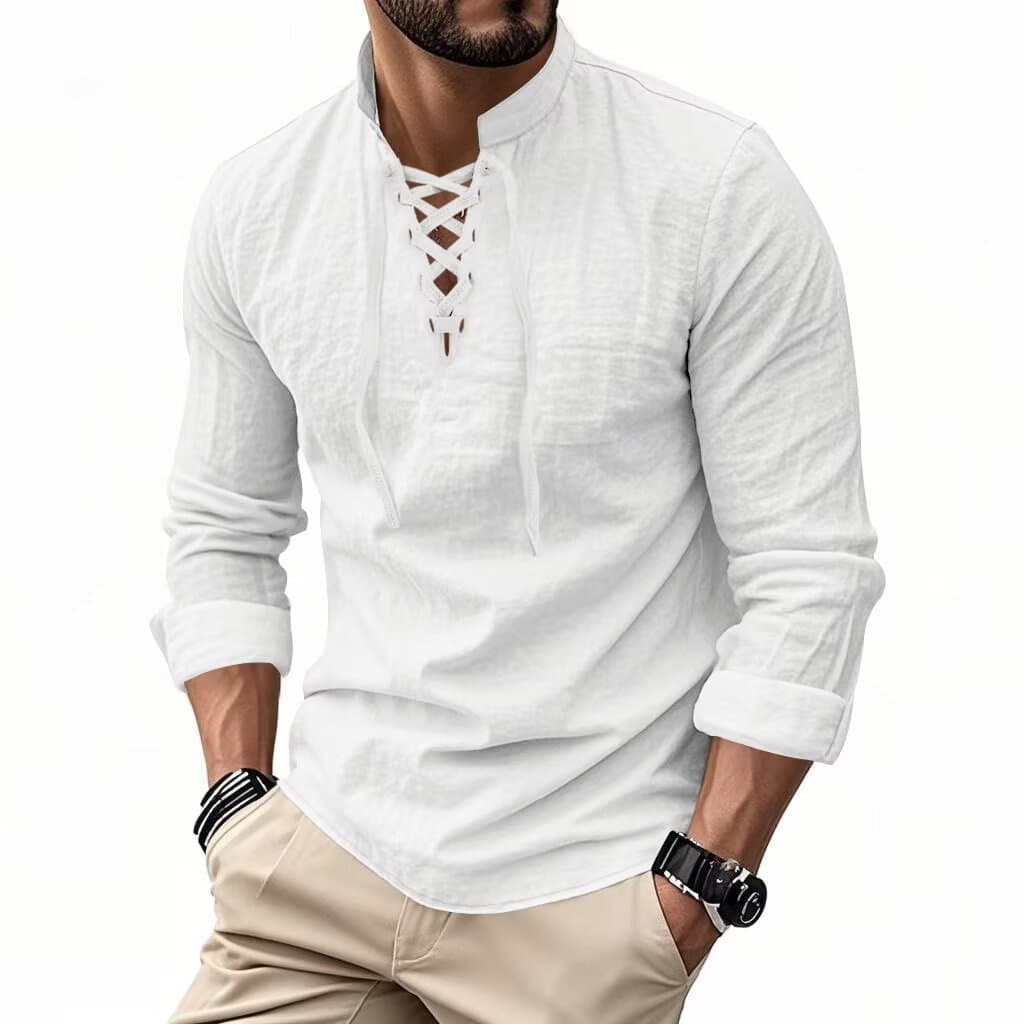2026 New Men's Solid Color Pullover Cotton Linen T-Shirt, Round Neck Stand Collar Henry Collar, Linen Cotton Blend Long Sleeve Shirt