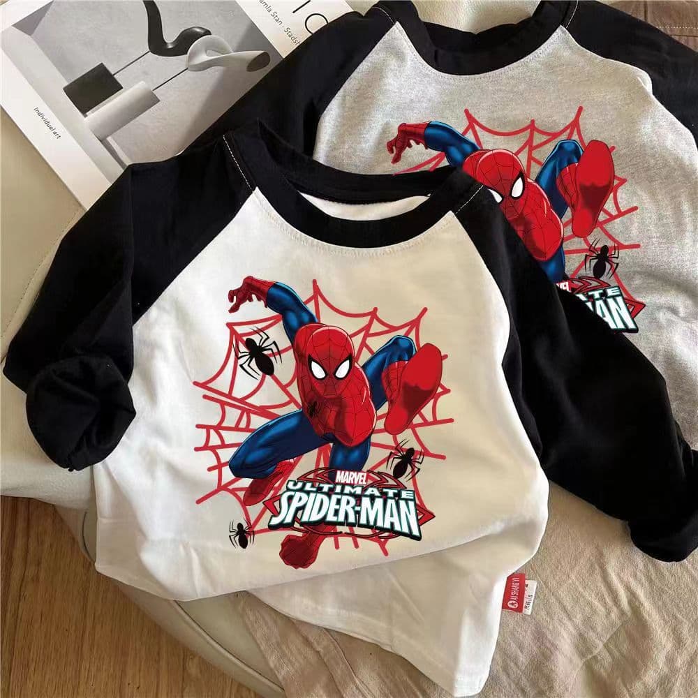 2024 Autumn New Children Boys Girls Spider-Man Superman Cotton Long Sleeve T-Shirt Baby Thin Layer Undershirt Top