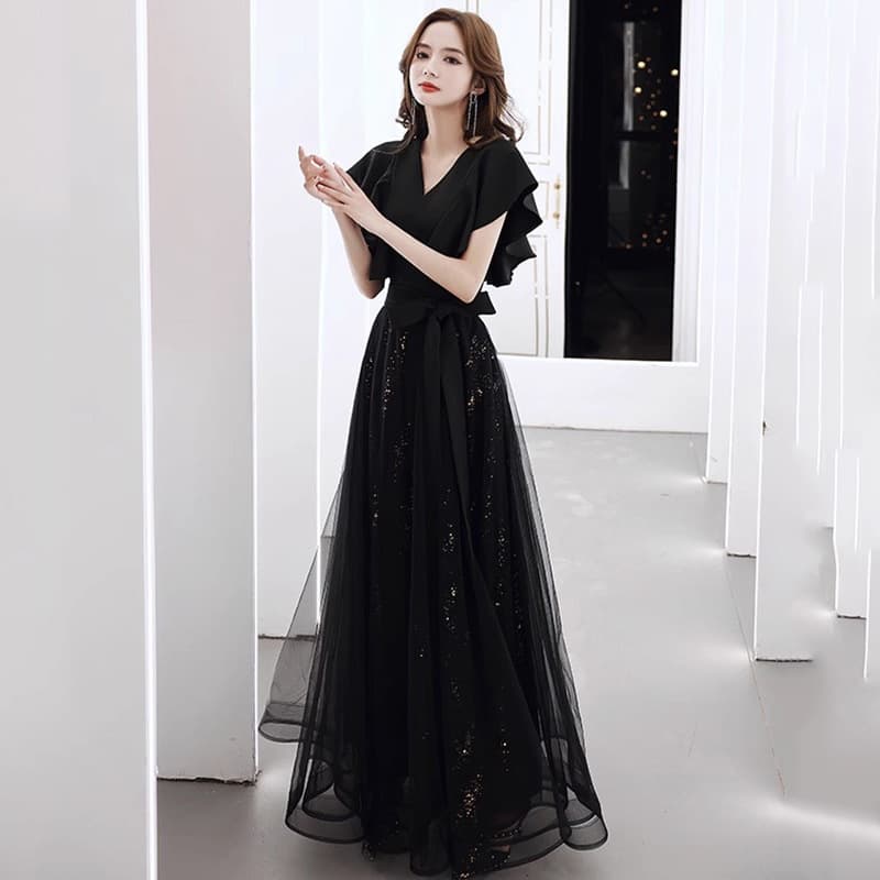 Black Evening Dress for Women, Elegant Banquet Gown, Socialite Style, Middle School Student Art Exam, Host, High-End Choir Performance Long Dress