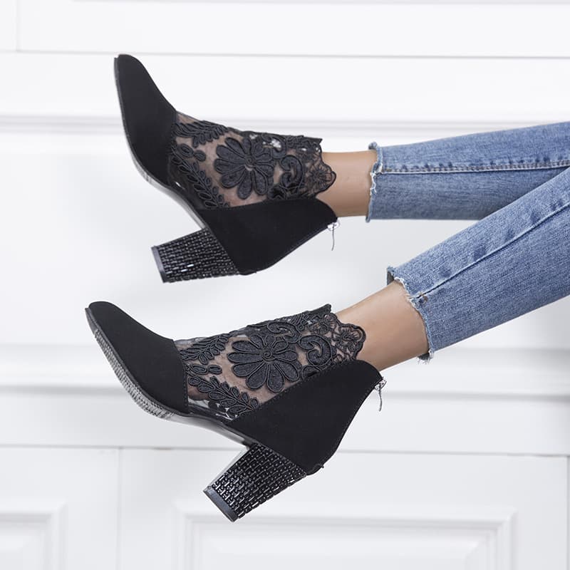 2023 European and American Lace Mesh Ultra-High Heel Color-Block Ankle Boots for Women, Round Toe Chunky Heel Boots