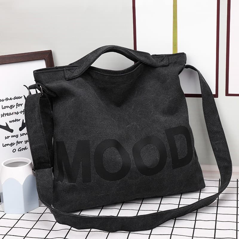 Japanese-Korean Reinforced Durable Canvas Bag with Letter Print, Large Capacity Unisex, In Stock Fast Shipping, Solid Color Shoulder Crossbody Canvas Tote