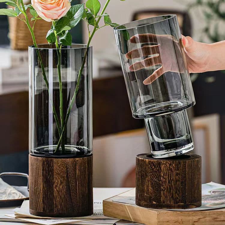 High-End Chinese Style Glass Flower Vase with Wooden Base Large Floor-Standing Drunken Wood Flower Vase Living Room Decorative Ornament