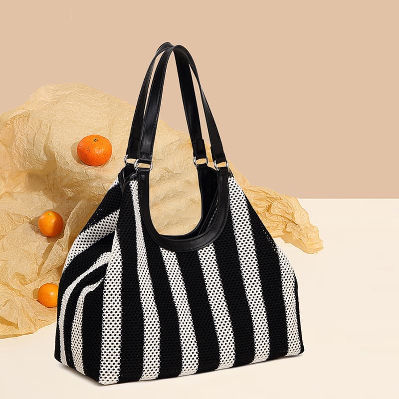 Cross-border black and white striped tote bag zipper style woven large capacity shoulder bag for women lazy style lightweight holiday bag
