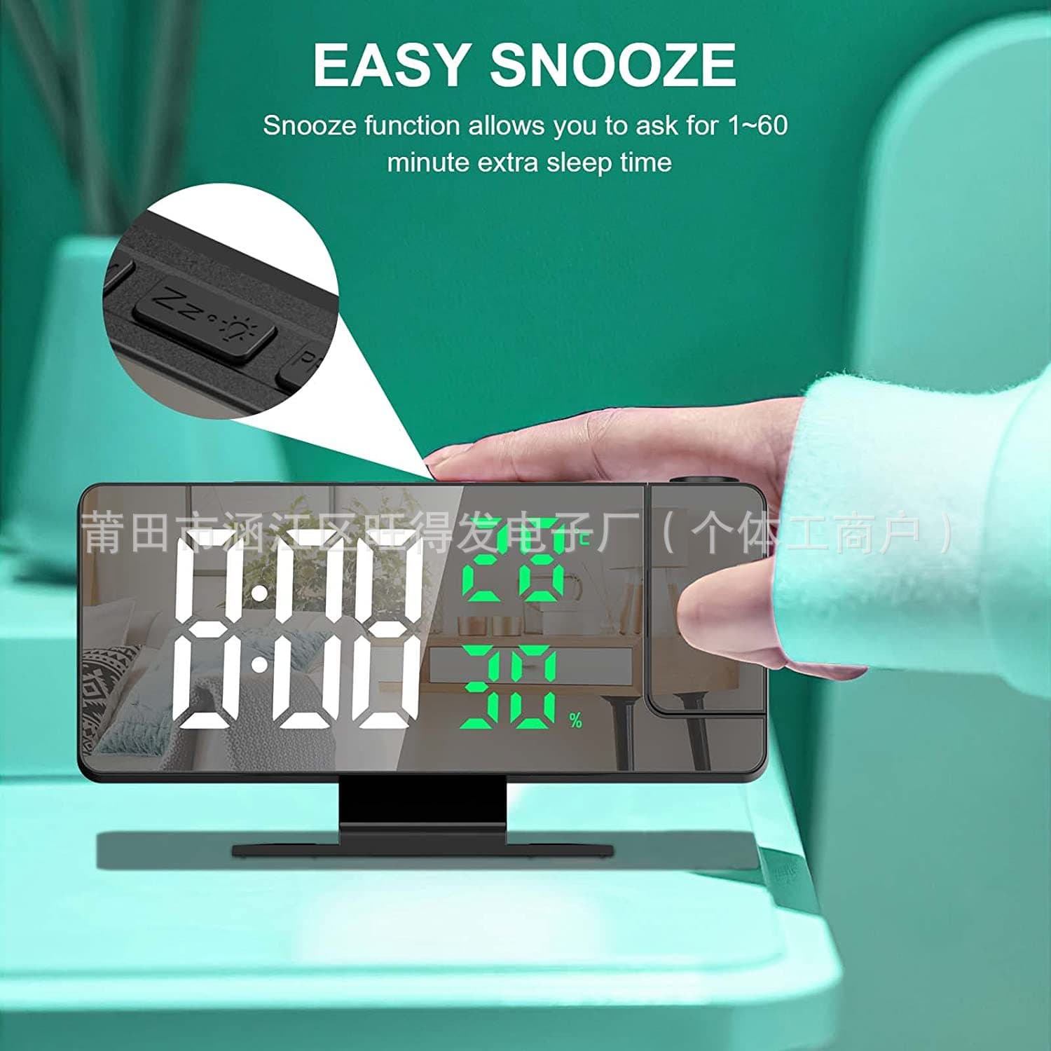 Projection alarm clock, digital snooze smart large screen electronic clock, multi-functional bedroom silent temperature and humidity display table clock