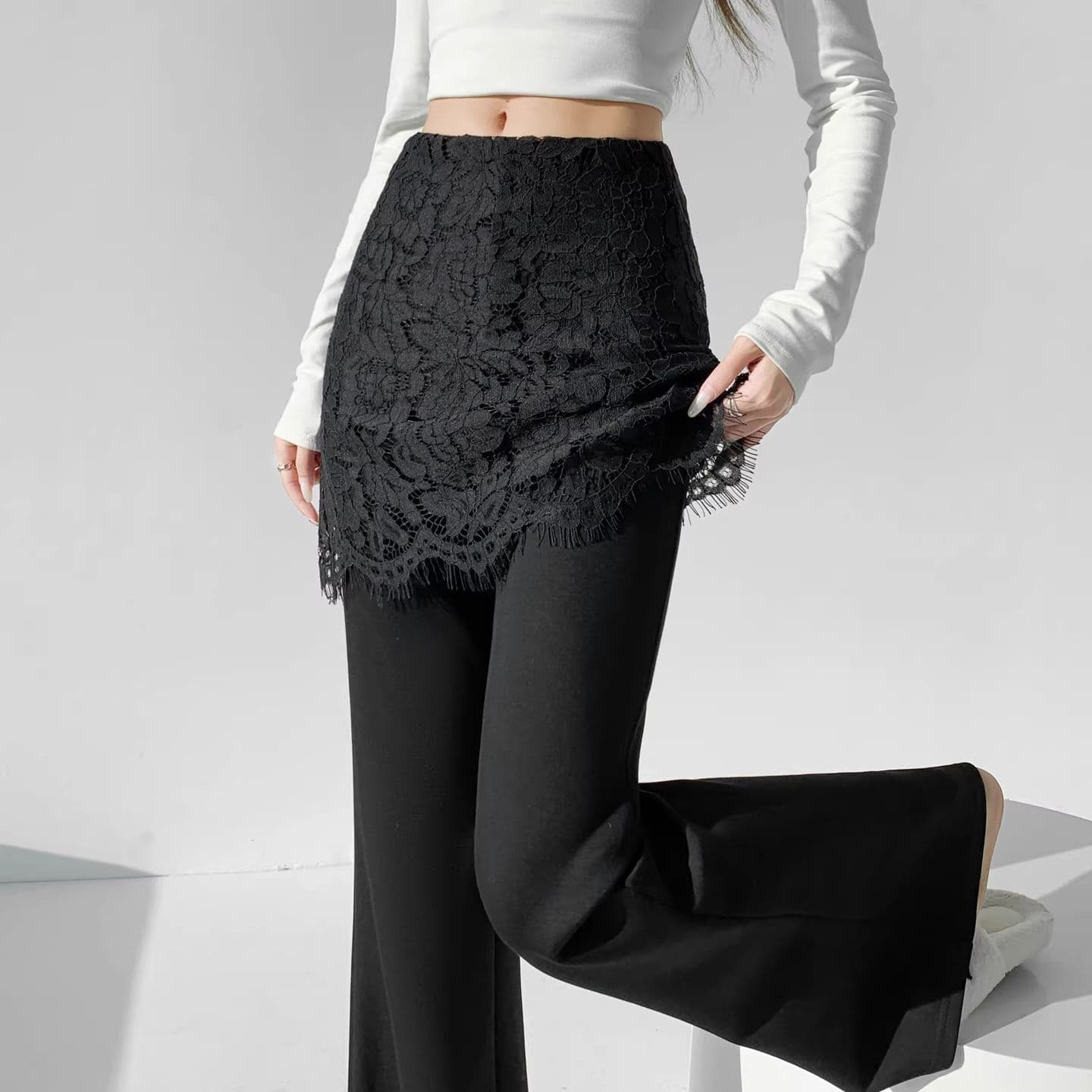 Lace splicing fake two-piece boot-cut pants for women 2026 spring new black high-waisted slim fit flared pants