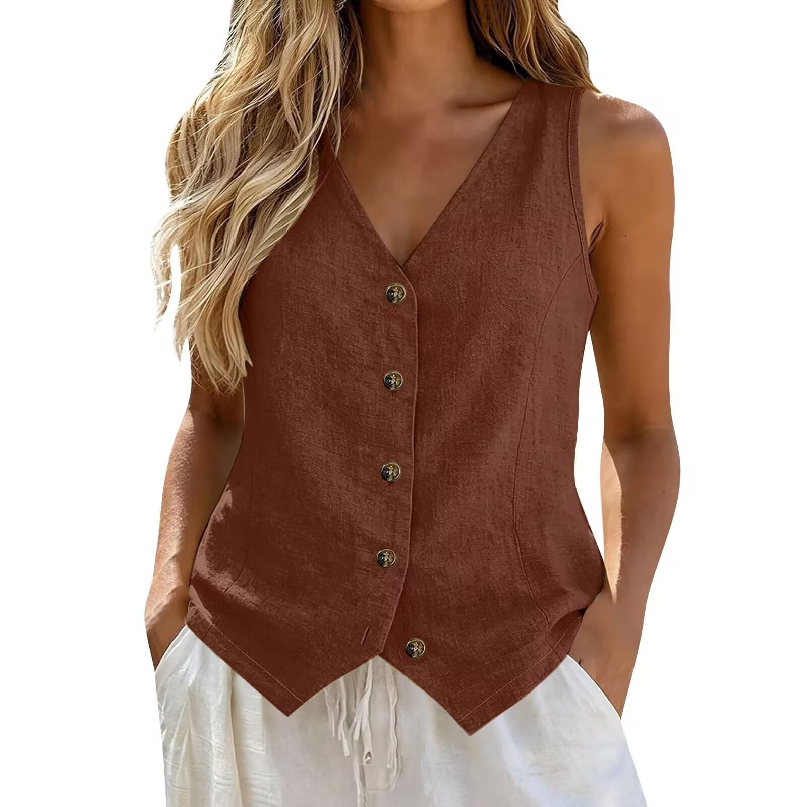 New Linen Vest Thin Sleeveless Blazer for Women Summer Slim Short V-Neck Waistcoat