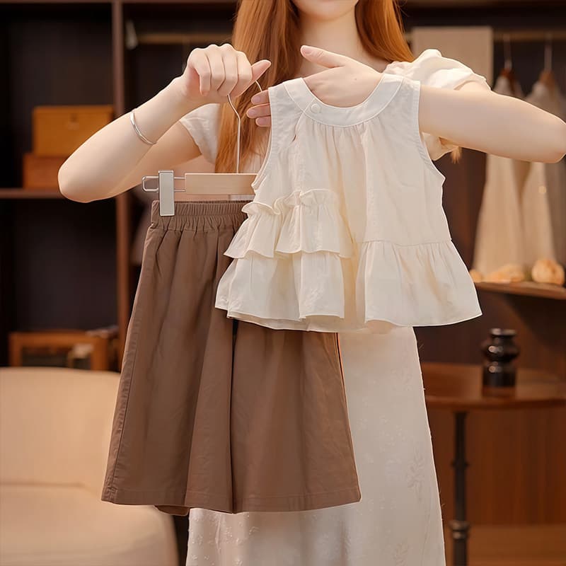 Girls Summer Suit New Children's Fashionable Summer Suit Girls Solid Color Vest Wide Leg Pants Western Style Pure Cotton Two-piece Set