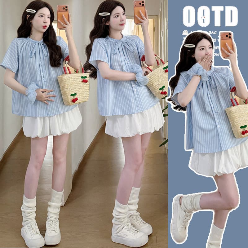 Maternity summer suit 2026 new fashion small fresh and sweet strappy short-sleeved shirt bud skirt two-piece set