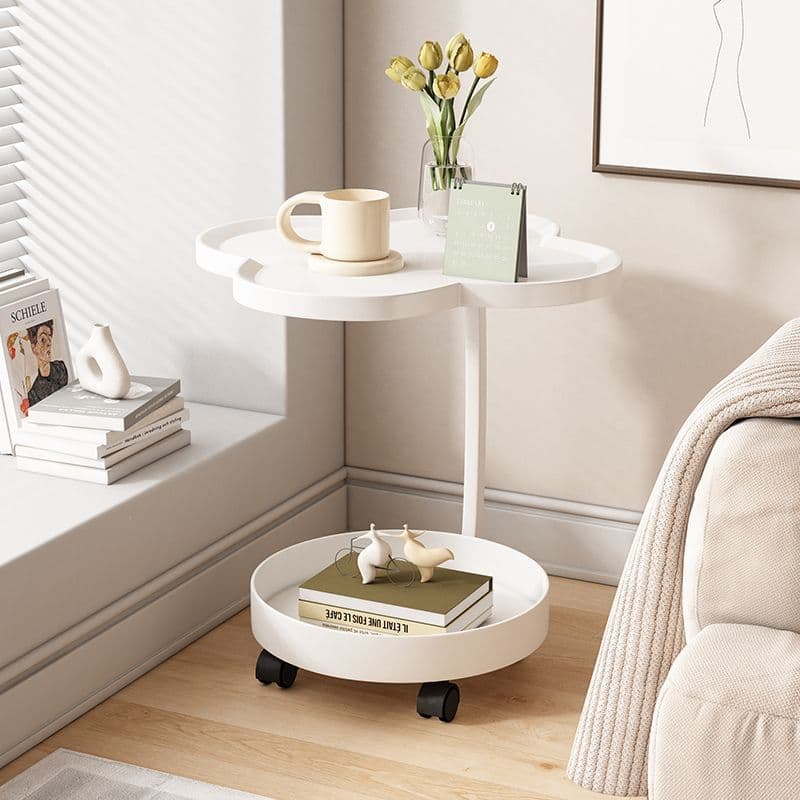 Instagram-style wheeled mini coffee table, portable side table, floor shelf, cream-colored bedside table, suitable for living room, bedroom, and home use.