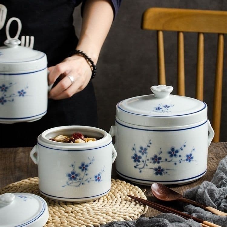Ceramic Double-Lid Stew Pot, Double Boiler, High-Temperature Resistant Soup Pot with Lid, Single-Serving Commercial Large Capacity Home Stew Pot with Inner Lid