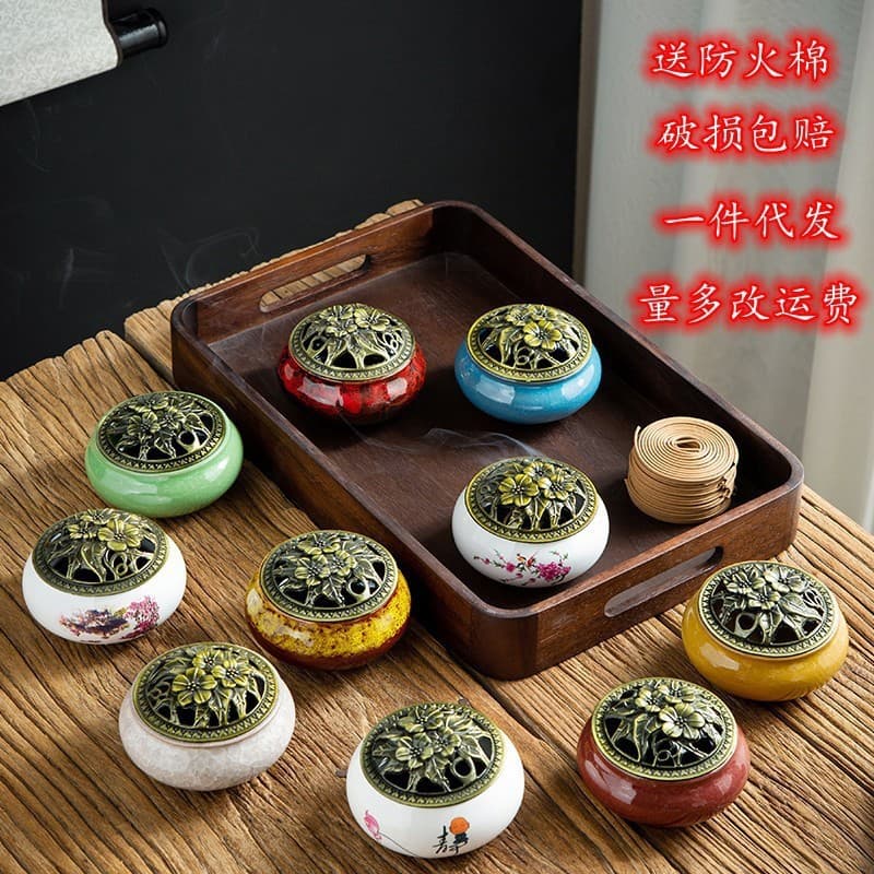 Ceramic Incense Burner, Wholesale from Yiwu for Home Use, Kiln-Transformed Ge Ware Incense Burner, Temple Incense Tray, Tower Incense, Small Coil Incense Burner
