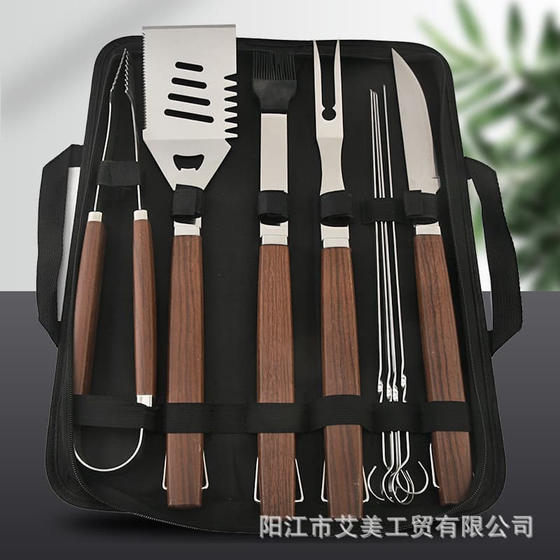 BBQ410 Stainless Steel Coated Wood Grain Square Handle Grill Utensil Bag Set with Fork, Spatula, and Tongs