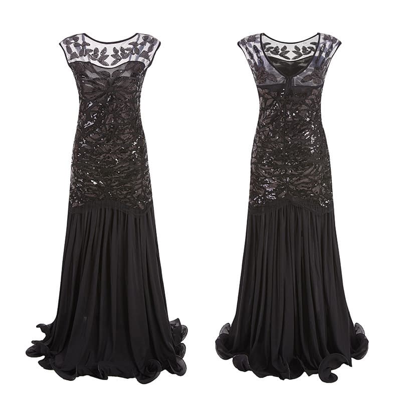 1920s Party Dress Long Gown for Annual Gala Banquet Vintage Sequin Beaded Mesh Ruffle Women's Dress