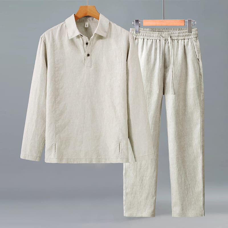 2554-3047 Pure Linen Long Sleeve Shirt Men's Lightweight Breathable T-Shirt Spring Autumn Linen Casual Pants Set