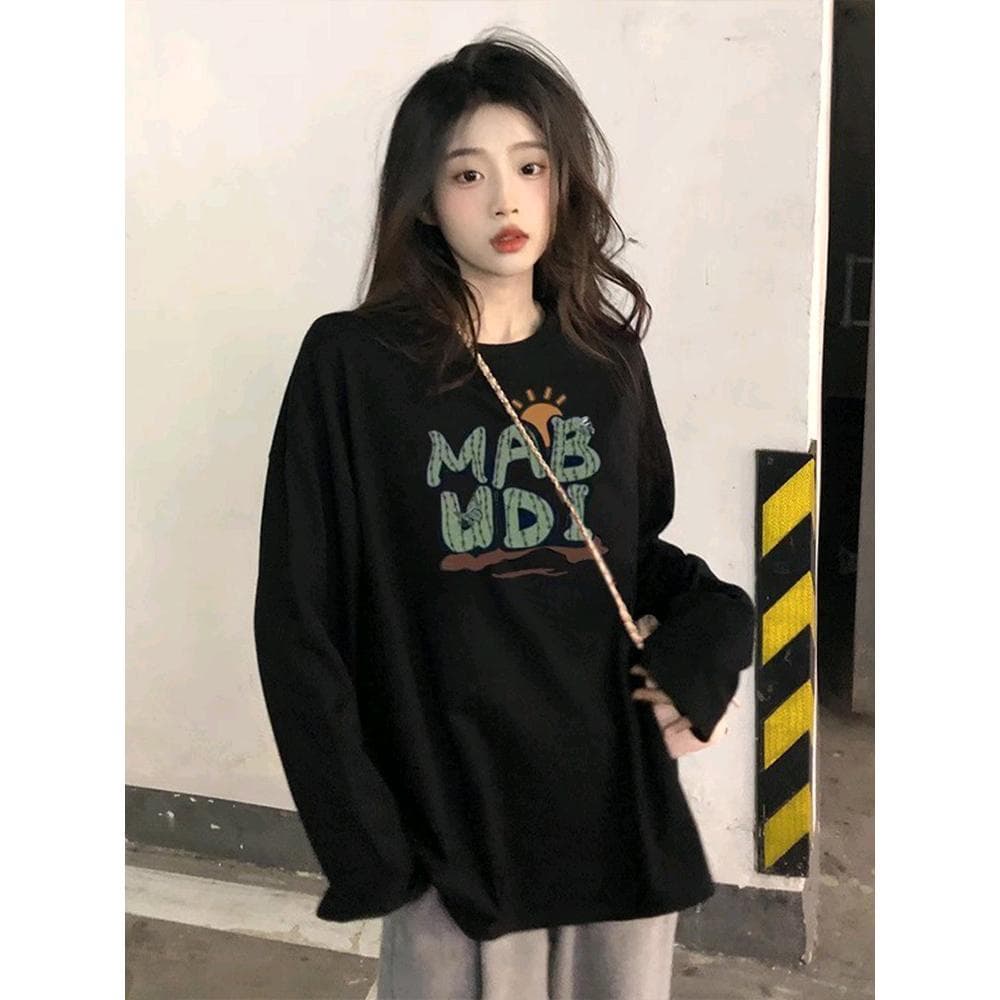 American large size T-shirt women's retro printed bottoming shirt autumn loose slimming fat mm pure cotton long-sleeved black top