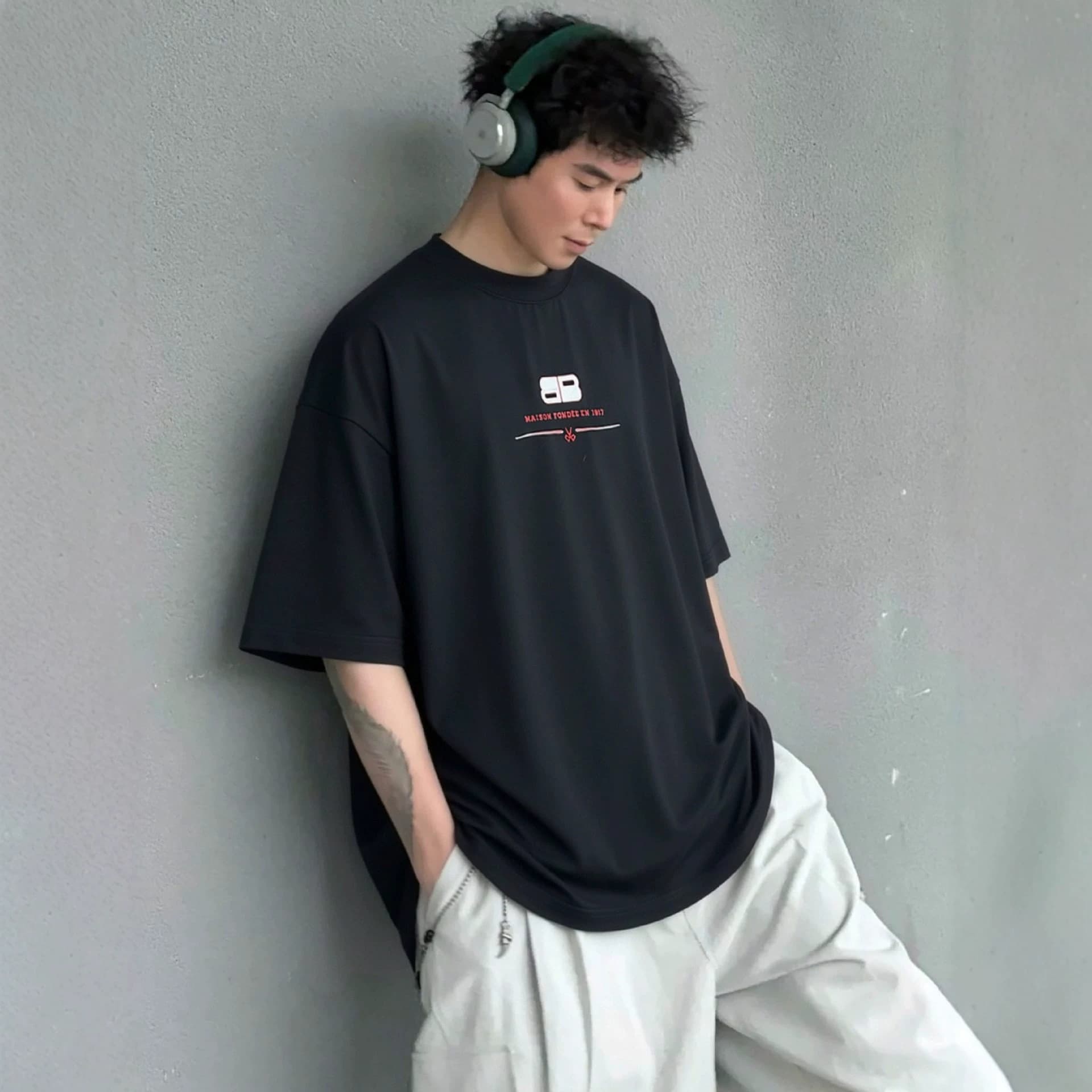 Paris Men's T-Shirt Pure Cotton Double B Letter Print T-Shirt Loose Half-Sleeve Heavyweight Short-Sleeve T-Shirt with Small Collar