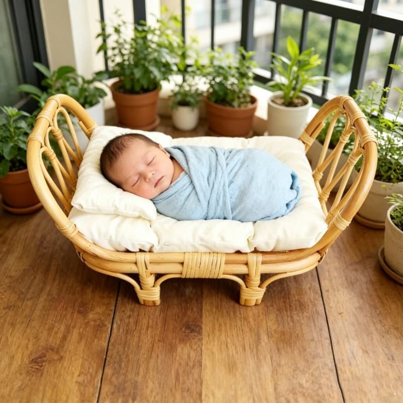 Handwoven Rattan Baby Basket Cradle for Newborn Photo Shoot Props