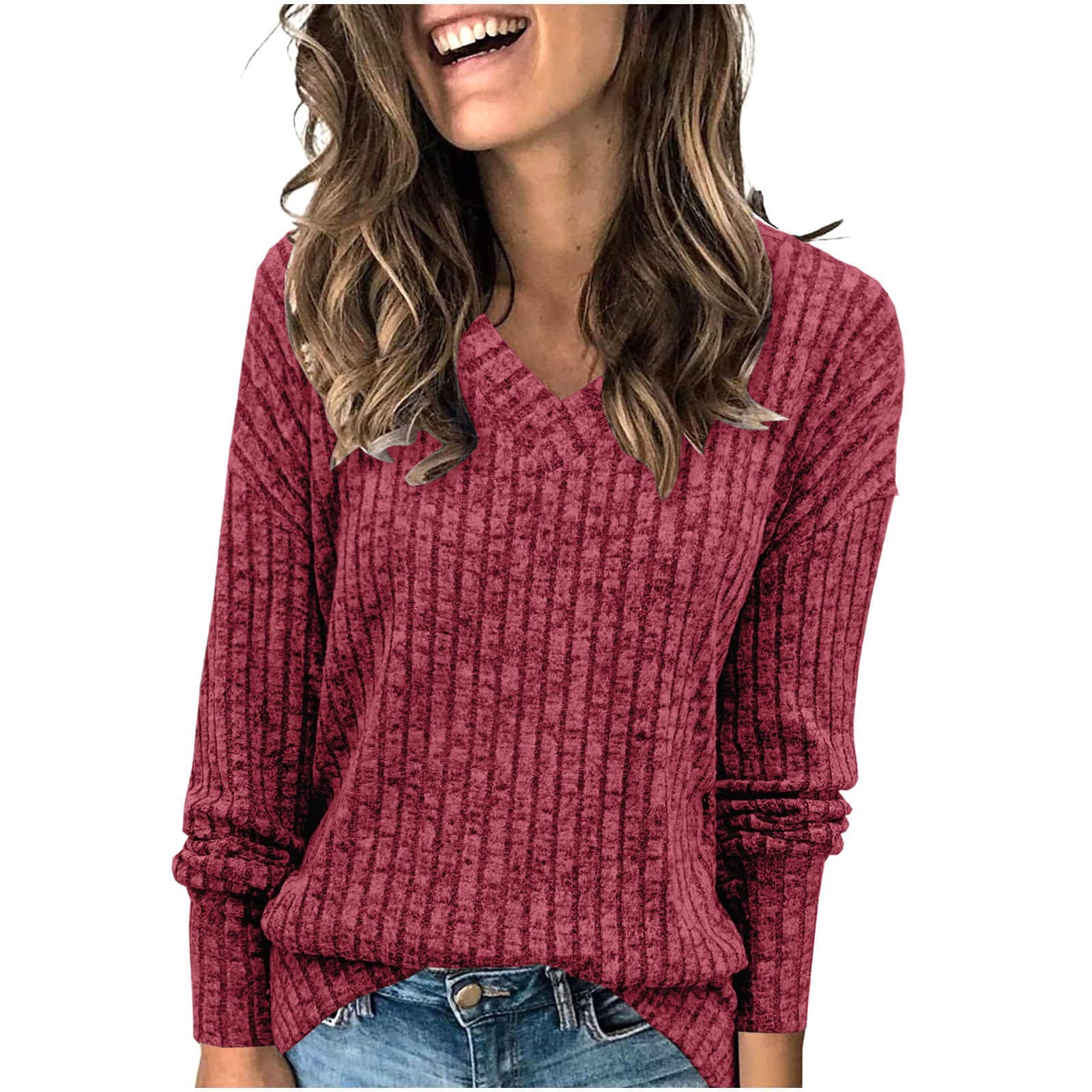 2024 Amazon Wish Europe America Cross-border Hot-Selling Export Women's Wear Long Sleeve V-Neck Ribbed Brushed Knit Top T-Shirt
