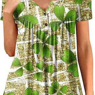 St Patrick's Day Shirts Women's Fashion Shamrock Pattern T-Shirt Plus Size Button Collar Short Sleeve