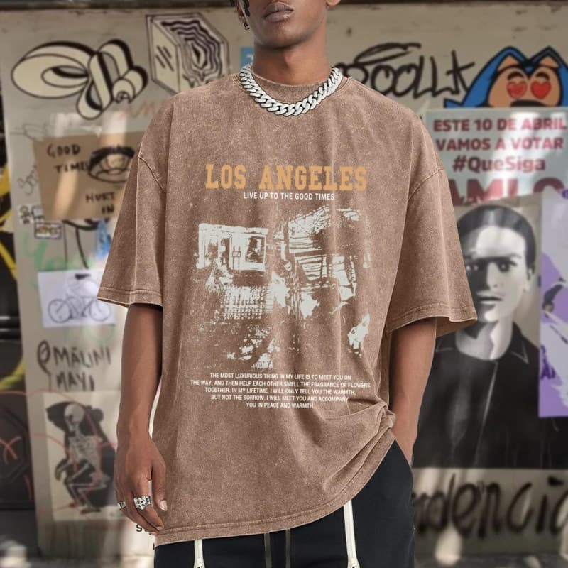 Cross-border European Size Oversized Graphic T-Shirts for Men Acid Wash Los Angeles