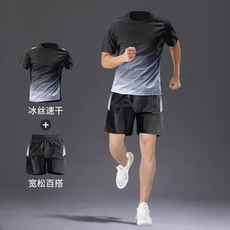 Men's Sports T-Shirt Ice Silk Quick-Dry Running Set Summer Thin Short Sleeve Fitness Wear Basketball Badminton Apparel