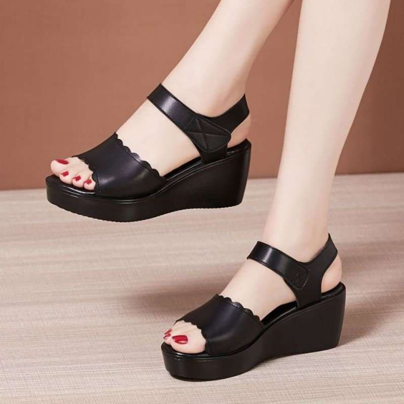 Women's Summer New Soft Platform Sandals Thick Bottom Slip-On Fish Mouth Glue Shoes Large Size Magic Stick Sandals