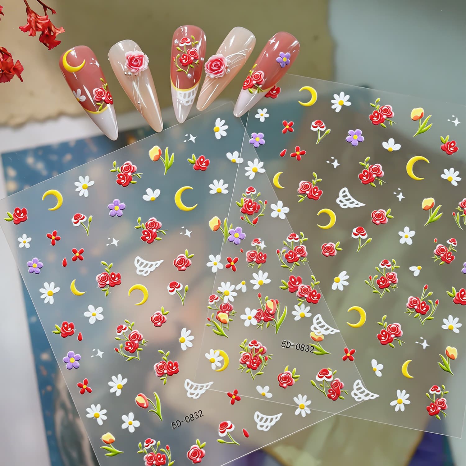 Factory direct supply 5D three-dimensional nail art stickers retro red rose tulip daisy crescent embossed nail sticker