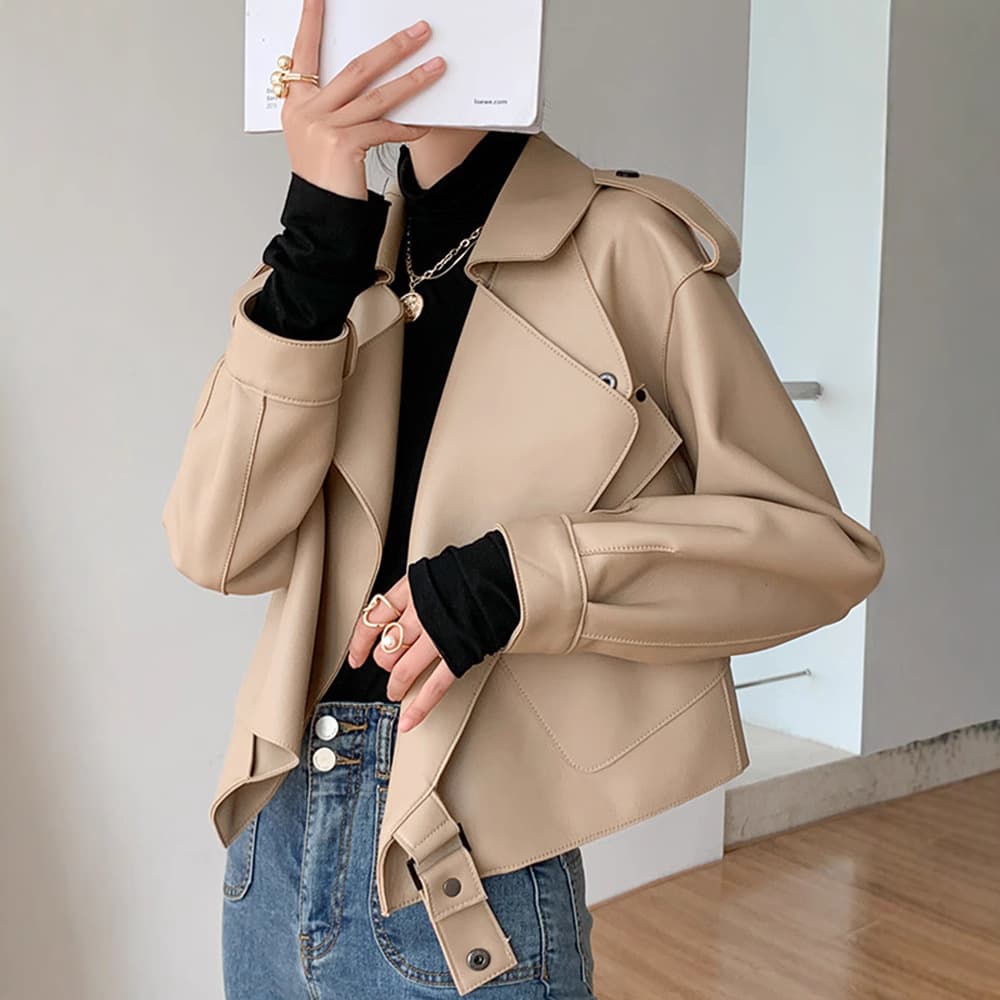 Reba 2022 Spring and Autumn New Haining Genuine Leather Jacket Women's Jacket Sheepskin Loose Korean Style Short Plus Size Jacket