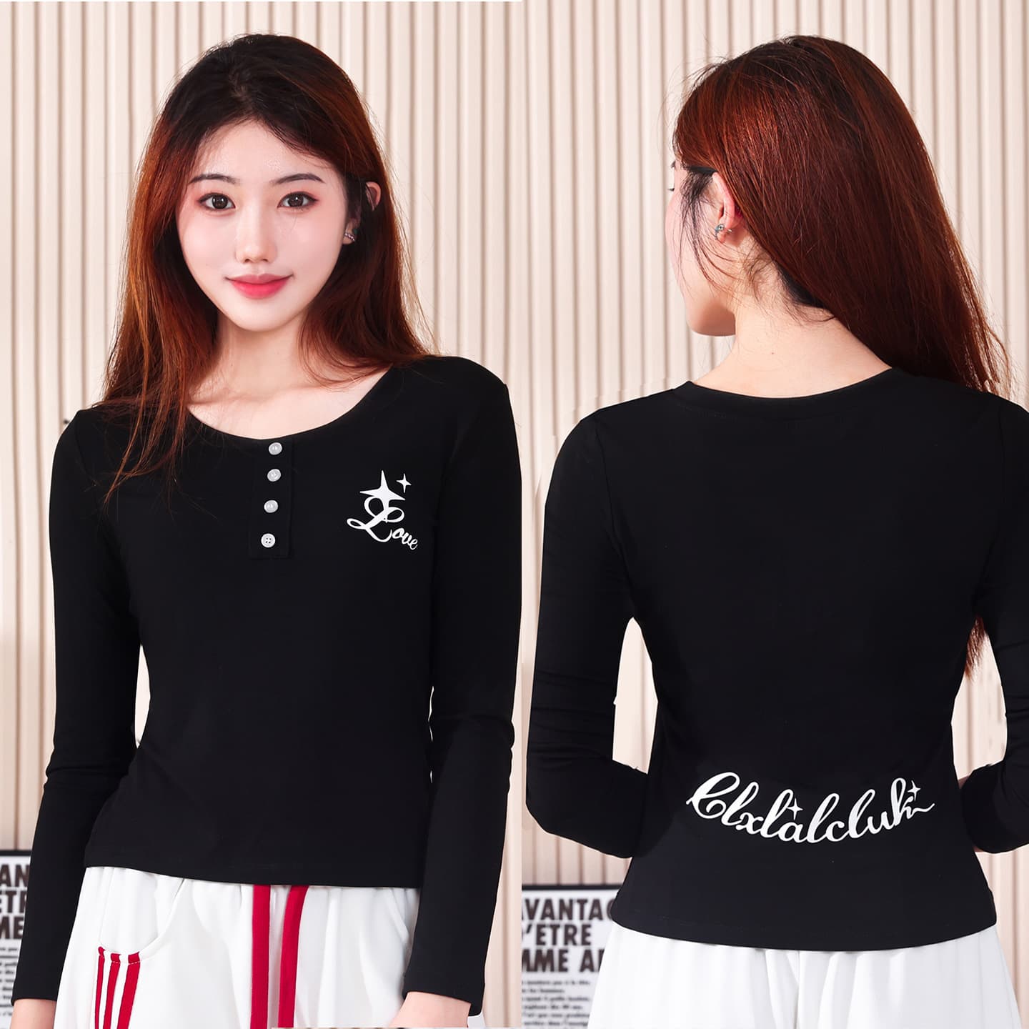 Women's Round Neck Button-Up Top, Long Sleeve Square Dance Wear, Ribbed Cotton, Autumn/Winter New Arrival