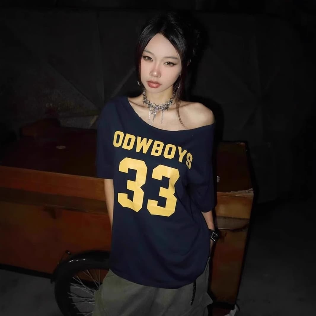 Women's Cotton Short Sleeve T-Shirt with Drop Shoulder, Off-Shoulder Print, Asymmetrical Neck, Summer Sporty Style for Couples
