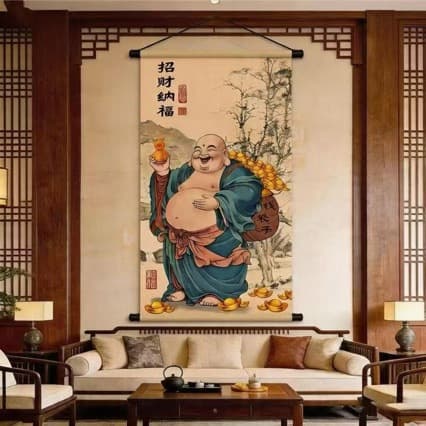 2026 Maitreya Buddha Money Bag Scroll Painting New Chinese Style Hanging Decoration for Entryway, Living Room, Study, Office - Auspicious Blessing