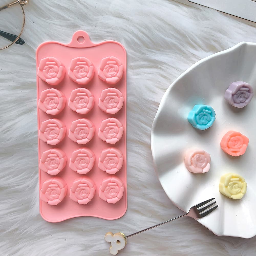 Silicone Chocolate Ice Cube Mold 15-Cavity 3D Rose Chocolate 679 Cookie Pudding Mold DIY Candy Mold