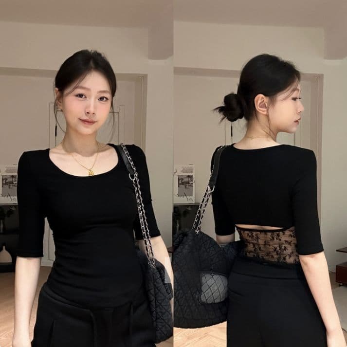 Mid-sleeve lace splicing back pure lust hot girl temperament slim long-sleeved T-shirt early spring bottoming shirt high-end top