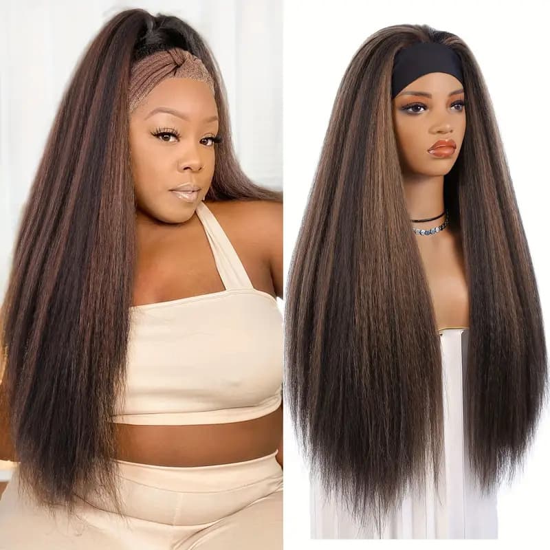 Wig European and American cross-border Women's African black yaki ice ribbon fluffy medium split chemical fiber headgear manufacturer in stock