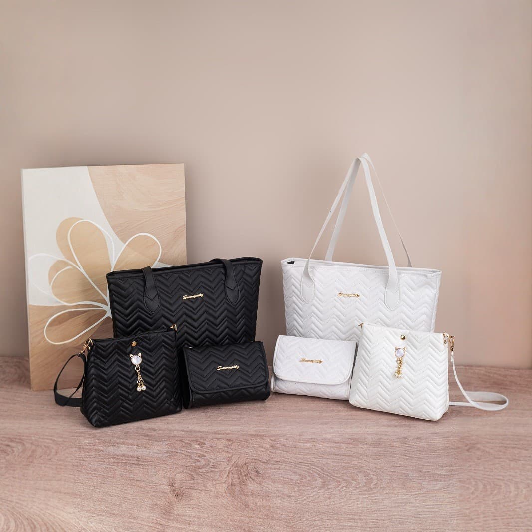 2025 New Wave Stripe Quilted Cat Pearl Pendant Decorative 3-Piece Set Women's Crossbody Shoulder Bag