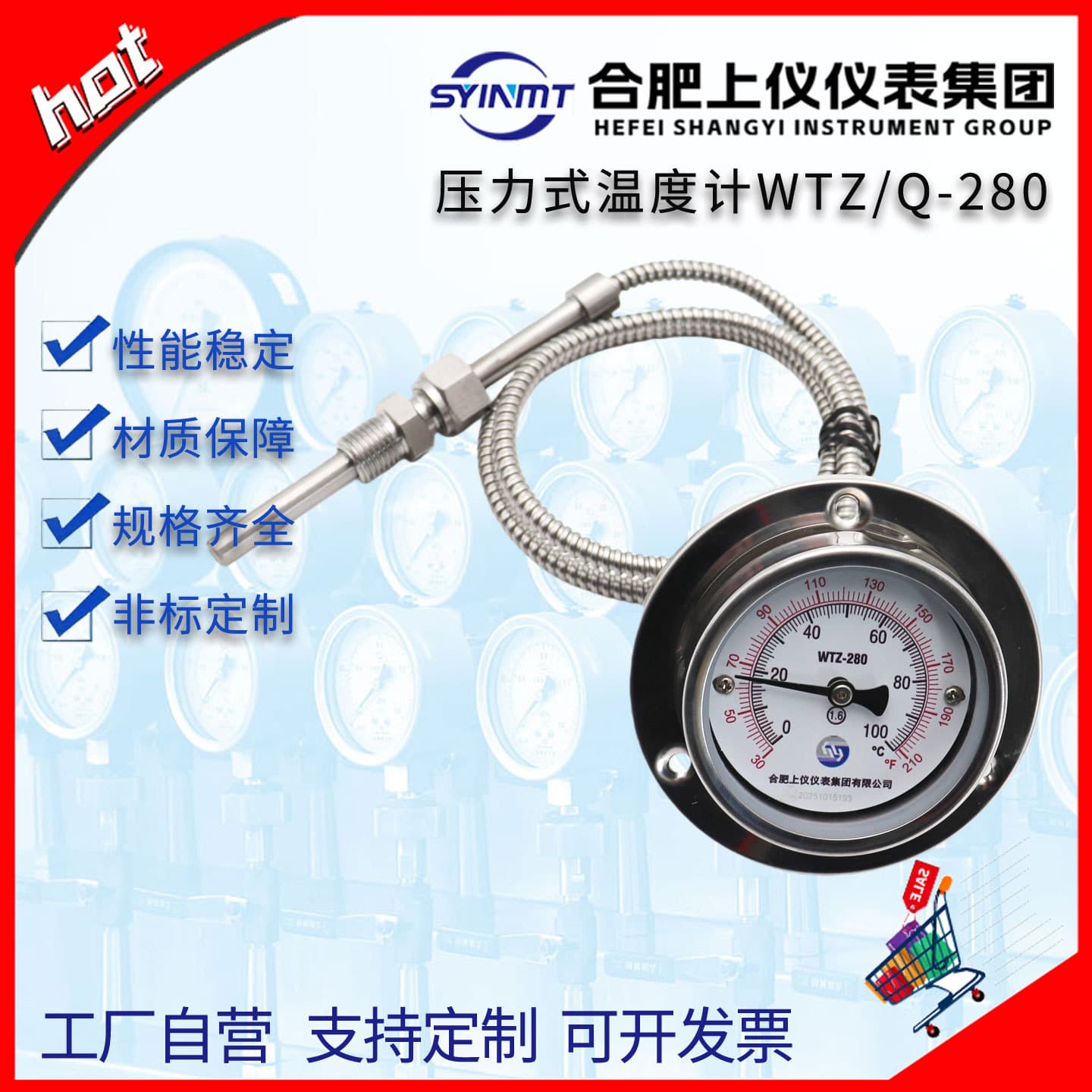 Shangyi Instrument Y60/63 Small Dial All Stainless Steel 304 Pressure Thermometer with Linear Type WTQ/WTZ-280