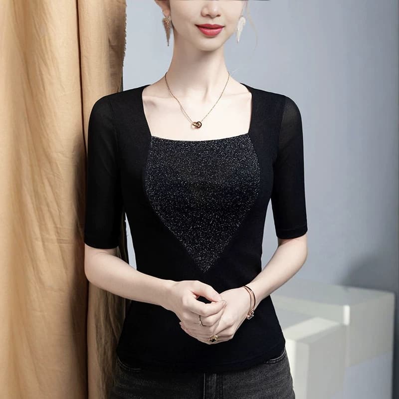 Bright silk splicing square neck mesh top for women with quarter sleeves 2026 summer new women's half-sleeved T-shirt contrasting color shirt
